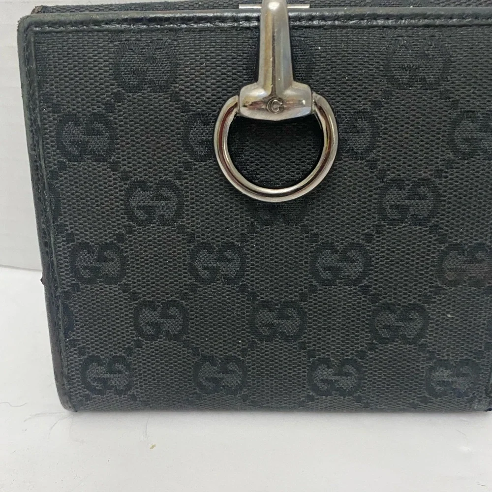 Gucci Black GG Monogram Wallet with Silver Horsebit Ring Clasp